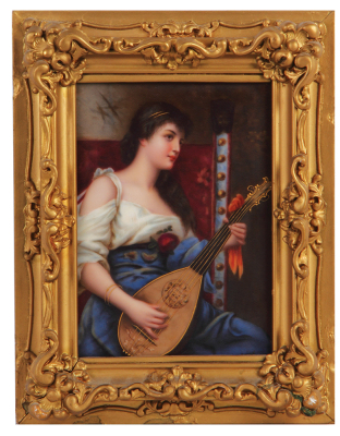 Porcelain plaque, 7.6" x 5.3", with frame 10.9" x 8.4", hand-painted, marked made in Germany, Das Alte Lied after E. Kiesel, artist signed lower right behind frame edge, mint.