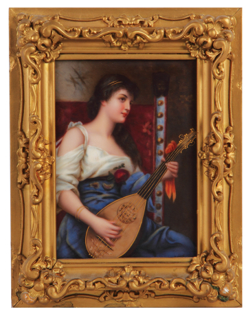 Porcelain plaque, 7.6" x 5.3", with frame 10.9" x 8.4", hand-painted, marked made in Germany, Das Alte Lied after E. Kiesel, artist signed lower right behind frame edge, mint.