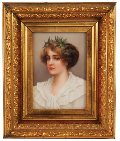 Porcelain plaque, 5.1" x 7.2", with frame 9.7" x 11.0", hand-painted, marked Germany, paper labels on rear, artist signed Wagner, the frame has edge chips, porcelain mint.