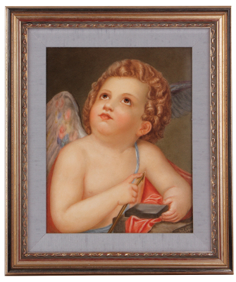 Porcelain plaque, 11.5'' x 9.2'', with frame 15.4'' x 13.2'', impressed K.P.M. mark, hand-painted, signed M.P. Evans 1887, Cupid, frame is new, excellent condition.  
