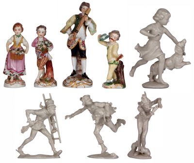 Eight porcelain figurines, 4.2'' & 6.5'' ht., three Royal Vienna, marked with Beehives, two in excellent condition, third has a good repair of musical instrument; with, marked: Nymphenburg, Nr. 1321, man with hat, part of stick missing; with, four Hutsche