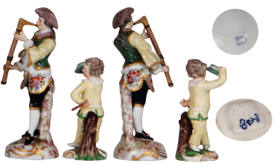 Eight porcelain figurines, 4.2'' & 6.5'' ht., three Royal Vienna, marked with Beehives, two in excellent condition, third has a good repair of musical instrument; with, marked: Nymphenburg, Nr. 1321, man with hat, part of stick missing; with, four Hutsche - 2