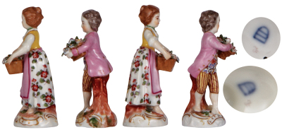 Eight porcelain figurines, 4.2'' & 6.5'' ht., three Royal Vienna, marked with Beehives, two in excellent condition, third has a good repair of musical instrument; with, marked: Nymphenburg, Nr. 1321, man with hat, part of stick missing; with, four Hutsche - 3