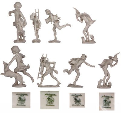 Eight porcelain figurines, 4.2'' & 6.5'' ht., three Royal Vienna, marked with Beehives, two in excellent condition, third has a good repair of musical instrument; with, marked: Nymphenburg, Nr. 1321, man with hat, part of stick missing; with, four Hutsche - 4