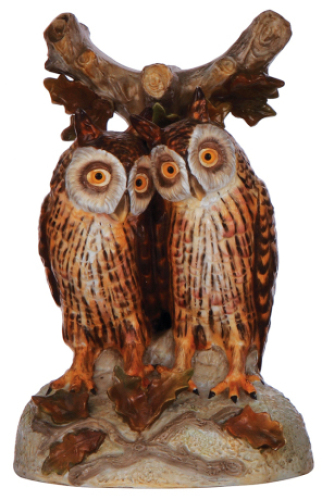 Porcelain figurine, 9.8'' ht., marked E. Bohne S&scaron;hne, Owls, lamp base, excellent condition.&Ecirc; &Ecirc;