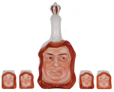Porcelain Character bottle set, 8.3'' ht., marked: E. Bohne Sšhne, Monk, with four schnapps cups, 1.7'' ht., all excellent condition.ÊÊ