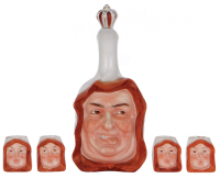 Porcelain Character bottle set, 8.3'' ht., marked: E. Bohne S&scaron;hne, Monk, with four schnapps cups, 1.7'' ht., all excellent condition.&Ecirc;&Ecirc;