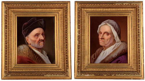 Pair K.P.M. porcelain plaques, 12.1'' x 15.2'', 21.2'' x 20.0'' with frames, hand-painted, marked K.P.M., first is signed A. Deckelmann, M&Yuml;nchen, frames have some chips, porcelain excellent condition.&Ecirc;