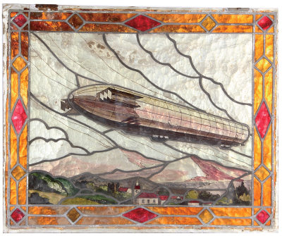 Zeppelin Hafen glass window, 21.7" x 17.9",Êhand-painted, early 1920s, Zeppelin flying over town in southern Germany, window taken from building used for storage and port of embarkation & disembarkation from Zeppelin flight, very rare, very good condition