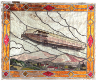 Zeppelin Hafen glass window, 21.7" x 17.9",&Ecirc;hand-painted, early 1920s, Zeppelin flying over town in southern Germany, window taken from building used for storage and port of embarkation & disembarkation from Zeppelin flight, very rare, very good condition