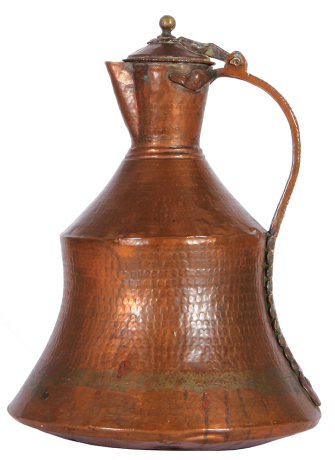 Islamac copper tankard, 18.5" ht., hammered copper with brass finial, repeating pattern around body, copper hinged lid, good condition.
