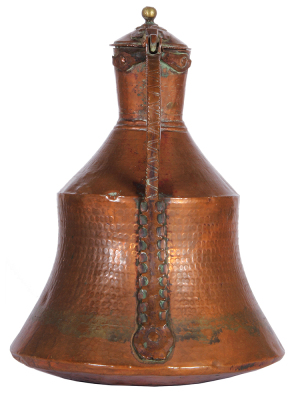 Islamac copper tankard, 18.5" ht., hammered copper with brass finial, repeating pattern around body, copper hinged lid, good condition. - 2