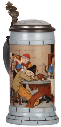 Mettlach stein, .5L, 2880, etched, by F. Quidenus, inlaid lid, mint.