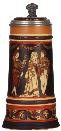 Mettlach stein, 1.0L, 2255, etched, Etruscan, inlaid lid, mint.