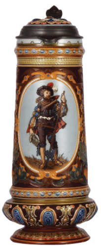 Mettlach stein, 1.5L, 13.2'' ht., 2104, etched, inlaid lid, mint.