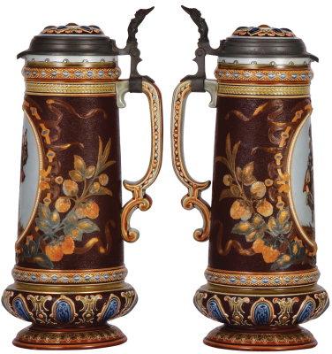 Mettlach stein, 1.5L, 13.2'' ht., 2104, etched, inlaid lid, mint. - 2