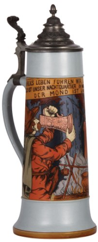 Mettlach stein, 2.8L, 17.0'' ht., 2921, etched, original pewter lid marked Pauson M&uuml;nchen, mint.