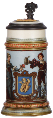 Mettlach stein, .5L, 1725, etched, by C. Warth, inlaid lid, mint.