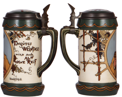 Mettlach stein, 1.0L, 3092, etched, by H. Schlitt, inlaid lid, small popped factory blister on base edge, otherwise mint. - 2