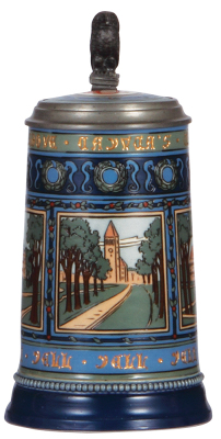 Mettlach stein, .5L, 2872, etched, Cornell University, inlaid lid, mint.