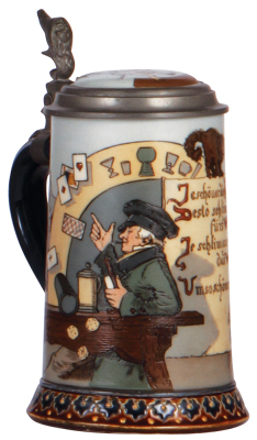 Mettlach stein, .3L, 2090, etched, by H. Schlitt, inlaid lid, interior browning, otherwise mint.