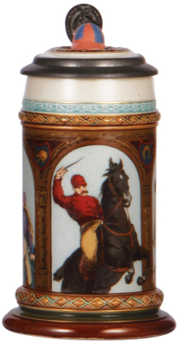 Mettlach stein, .5L, 1733, etched, inlaid lid, pewter strap repaired, otherwise mint.