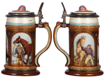 Mettlach stein, .5L, 1733, etched, inlaid lid, pewter strap repaired, otherwise mint. - 2