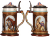 Mettlach stein, .5L, 1733, etched, inlaid lid, pewter strap repaired, otherwise mint. - 2