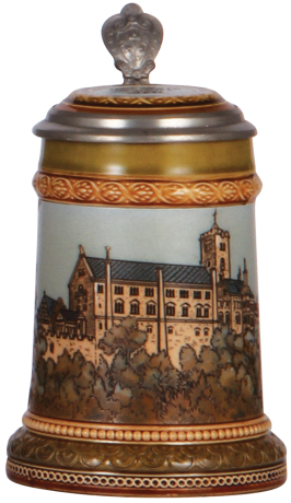 Mettlach stein, .3L, 2277, etched, Wartburg, inlaid lid, mint.