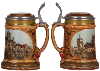 Mettlach stein, .3L, 2277, etched, Wartburg, inlaid lid, mint. - 2