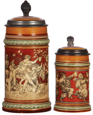 Two Mettlach steins, 1.0L, 2035, etched, inlaid lid, mint; with, .3L, 2057, etched, inlaid, mint.