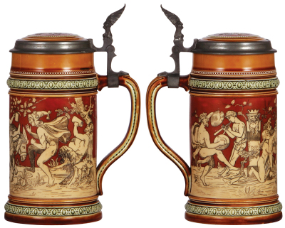 Two Mettlach steins, 1.0L, 2035, etched, inlaid lid, mint; with, .3L, 2057, etched, inlaid, mint. - 2