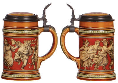 Two Mettlach steins, 1.0L, 2035, etched, inlaid lid, mint; with, .3L, 2057, etched, inlaid, mint. - 3