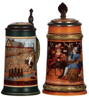 Two Mettlach steins, .5L, 2957, etched; with, .5L, 1527, etched, inlaid lids, both mint.