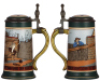 Two Mettlach steins, .5L, 2957, etched; with, .5L, 1527, etched, inlaid lids, both mint. - 2