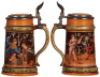 Two Mettlach steins, .5L, 2957, etched; with, .5L, 1527, etched, inlaid lids, both mint. - 3