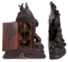 Black Forest wood hunter clock, 17.5'' ht., base 13.5'' x 6.1'', linden wood, Germany c.1900, dog, boar, rabbit, bird and hunters equipment, clock mechanism [needs adjustment] with key marked France 24352, very good condition with minor chips. - 3