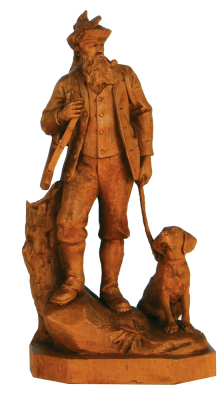 Black Forest wood carving, 14.6'' ht., walnut wood, carved in Switzerland, in the style of J. Huggler, unsigned, late 1800s, hunter with dog, rabbit and rifle, excellent quality, very good condition.