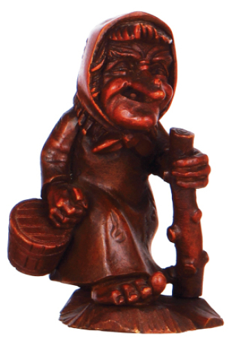 Black Forest wood carved figurine, 6.1'' ht., mid 1900s, linden wood, made in Germany, old woman, good condition.&Ecirc;