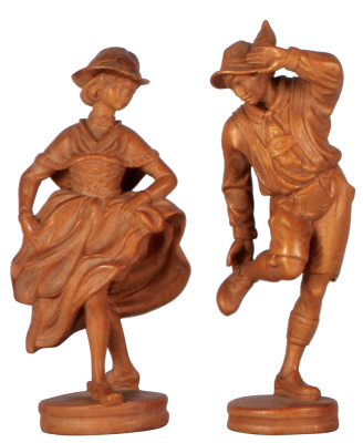 Pair Black Forest wood carved figurines, 5.2'' ht., made in Switzerland, linden wood, c.1910, man & woman dancing, excellent quality & condition. 