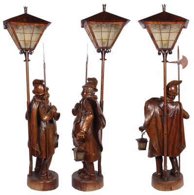 Black Forest wood carved lamp, 58.0" ht., linden wood, carved in Germany, Night Watchman, metal lamp post & lantern, mid to late 1900s, rewired & working, very good quality & condition. - 2