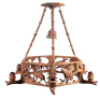 Black Forest ceiling chandelier, 34.0" diameter, 27.5" ht., linden wood, seven lamps, mid 1900s, was hanging in Hans' Bavarian Lodge Wheeling, IL,&Ecirc;color photocopy of restaurant brochure included with the lamp, good condition.