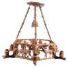 Black Forest ceiling chandelier, 34.0" diameter, 27.5" ht., linden wood, seven lamps, mid 1900s, was hanging in Hans' Bavarian Lodge Wheeling, IL,&Ecirc;color photocopy of restaurant brochure included with the lamp, good condition. - 3