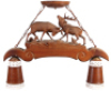 Black Forest ceiling lamp fixture, 26.0" x 21.5",&Ecirc;linden wood, two lamps, mid 1900s, was hanging in the bar at Hans' Bavarian Lodge Wheeling, IL,&Ecirc;color photocopy of restaurant brochure included with the lamp, stags have breaks repaired and antler chips, d