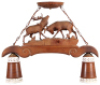 Black Forest ceiling lamp fixture, 26.0" x 21.5",&Ecirc;linden wood, two lamps, mid 1900s, was hanging in the bar at Hans' Bavarian Lodge Wheeling, IL,&Ecirc;color photocopy of restaurant brochure included with the lamp, stags have breaks repaired and antler chips, d - 2