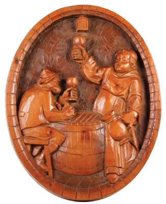 Black Forest wood carving, 26.0'' x 20.5'' x 3.0'', linden wood, barrel end design with monk and hunter seated at barrel, carved in Germany, late 1900s, very good condition.