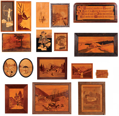 Seventeen Black Forest wood pictures, marquetry & pyrography, from 7.3'' x 9.7'' to 19.9" x 24.4", late 1900s, made in GermanyÊ scenes include an archer, an eagle, a shepherd, town scenes, mountain scenes, and children, most are in very good condition.