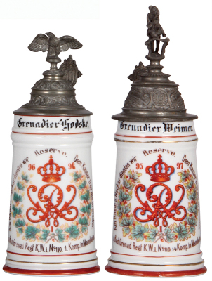 Two Regimental steins, .5L, 9.3'' ht., porcelain, 1. Komp., Inft. Regt. Nr. 110, Mannheim, 1896 - 1898, no side scenes, roster, S11 thumblift, named to: Grenadier Hodske, long line in rear; with .5L, 10.4'' ht., porcelain, 14. Komp., Inft. Regt. Nr. 110, 