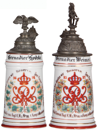 Two Regimental steins, .5L, 9.3'' ht., porcelain, 1. Komp., Inft. Regt. Nr. 110, Mannheim, 1896 - 1898, no side scenes, roster, S11 thumblift, named to: Grenadier Hodske, long line in rear; with .5L, 10.4'' ht., porcelain, 14. Komp., Inft. Regt. Nr. 110,