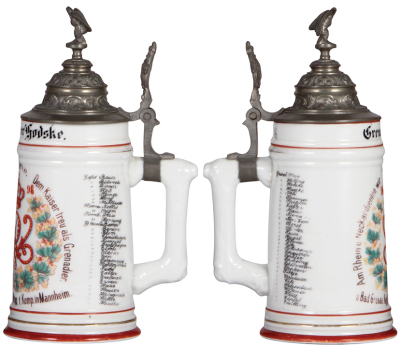 Two Regimental steins, .5L, 9.3'' ht., porcelain, 1. Komp., Inft. Regt. Nr. 110, Mannheim, 1896 - 1898, no side scenes, roster, S11 thumblift, named to: Grenadier Hodske, long line in rear; with .5L, 10.4'' ht., porcelain, 14. Komp., Inft. Regt. Nr. 110, - 2